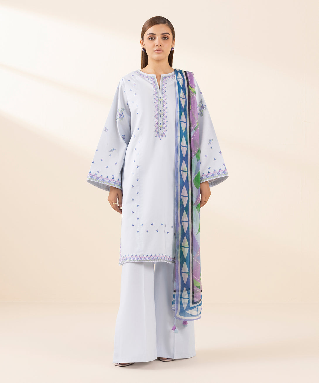 Women's Unstitched Lawn Embroidered Blue 3 Piece Suit