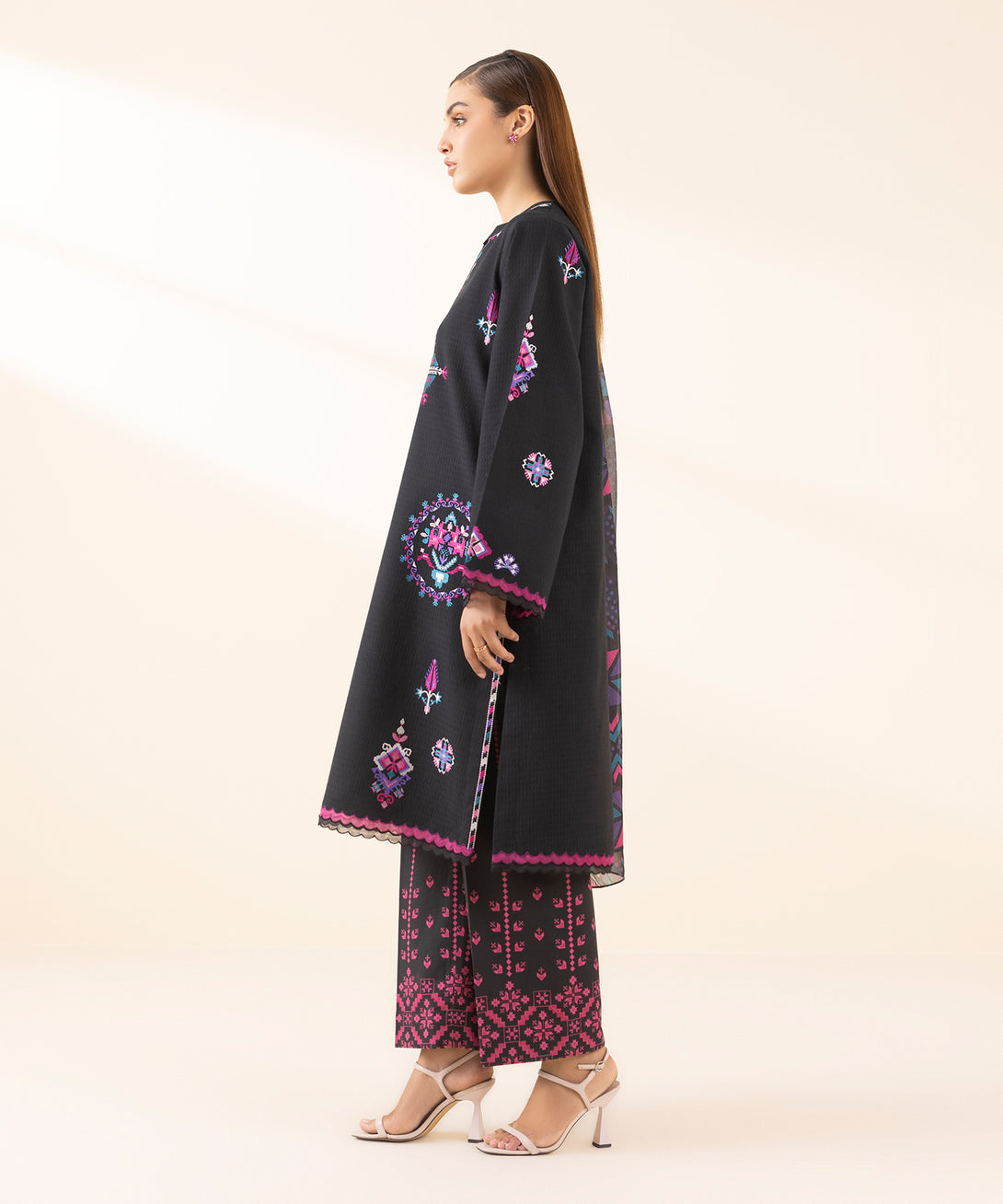 Women's Unstitched Dobby Embroidered Black 3 Piece Suit