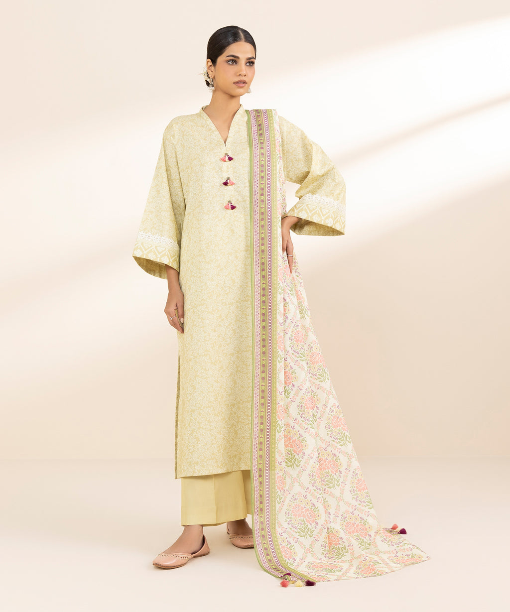 Women's Unstitched Lawn Printed Yellow 3 Piece Suit