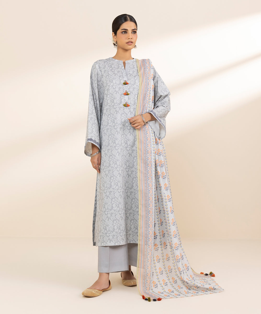 Women's Unstitched Lawn Printed Grey 3 Piece Suit