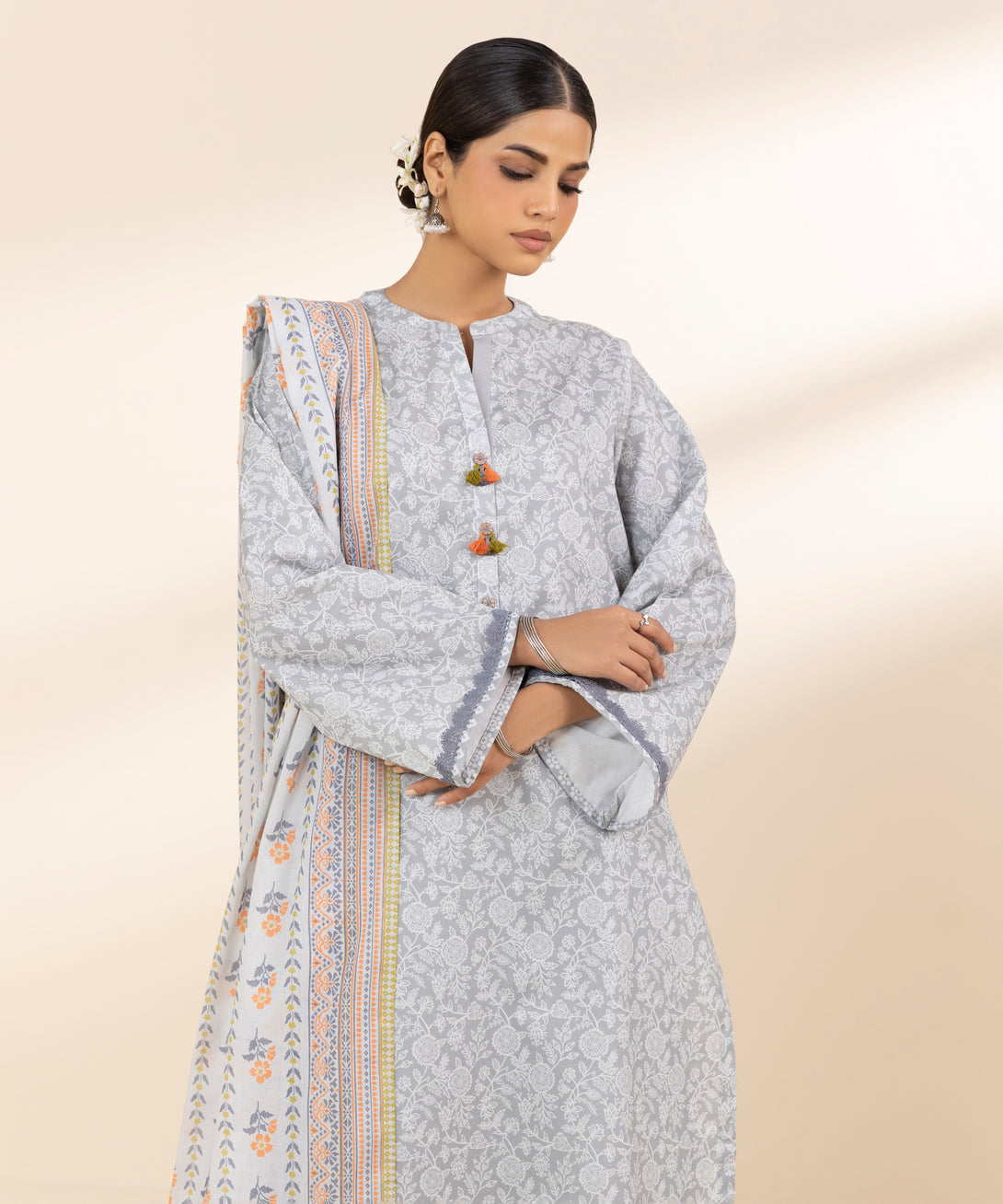 Women's Unstitched Lawn Printed Grey 3 Piece Suit