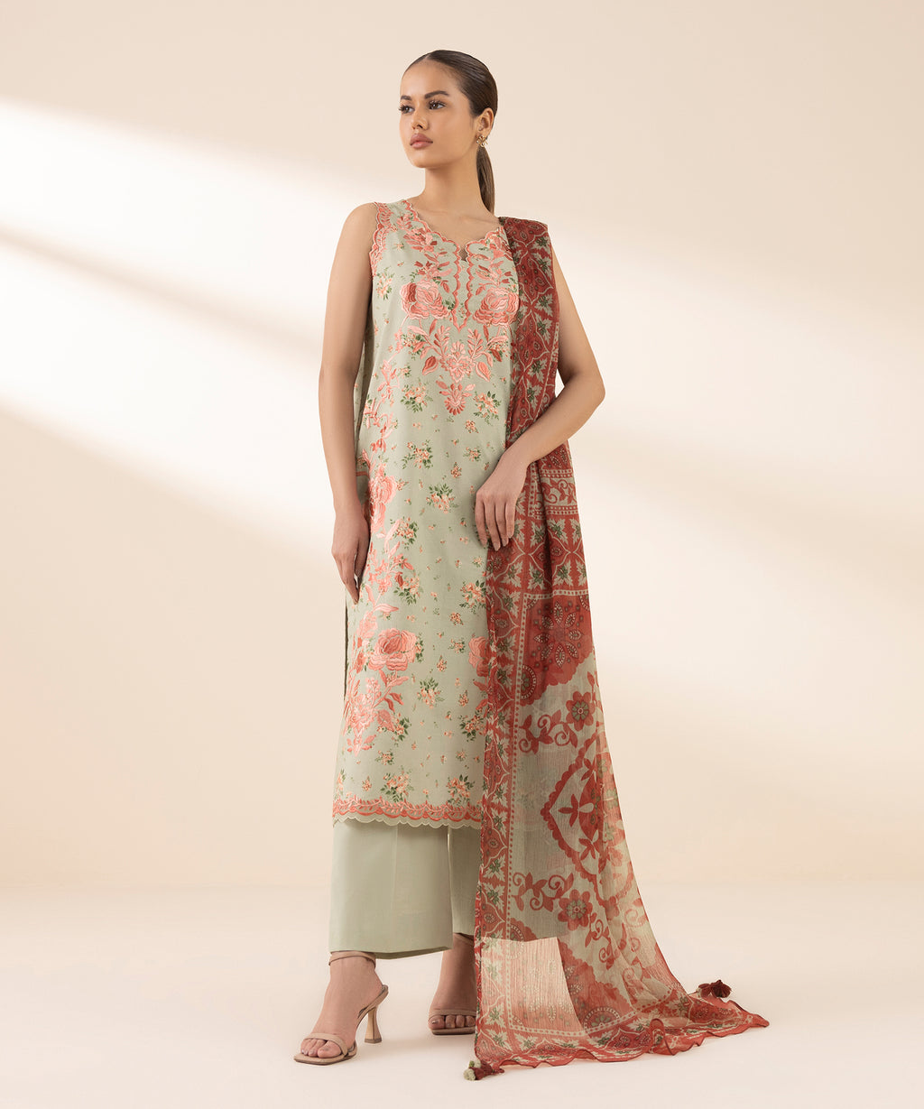 Women's Unstitched Lawn Embroidered Multi 3 Piece Suit