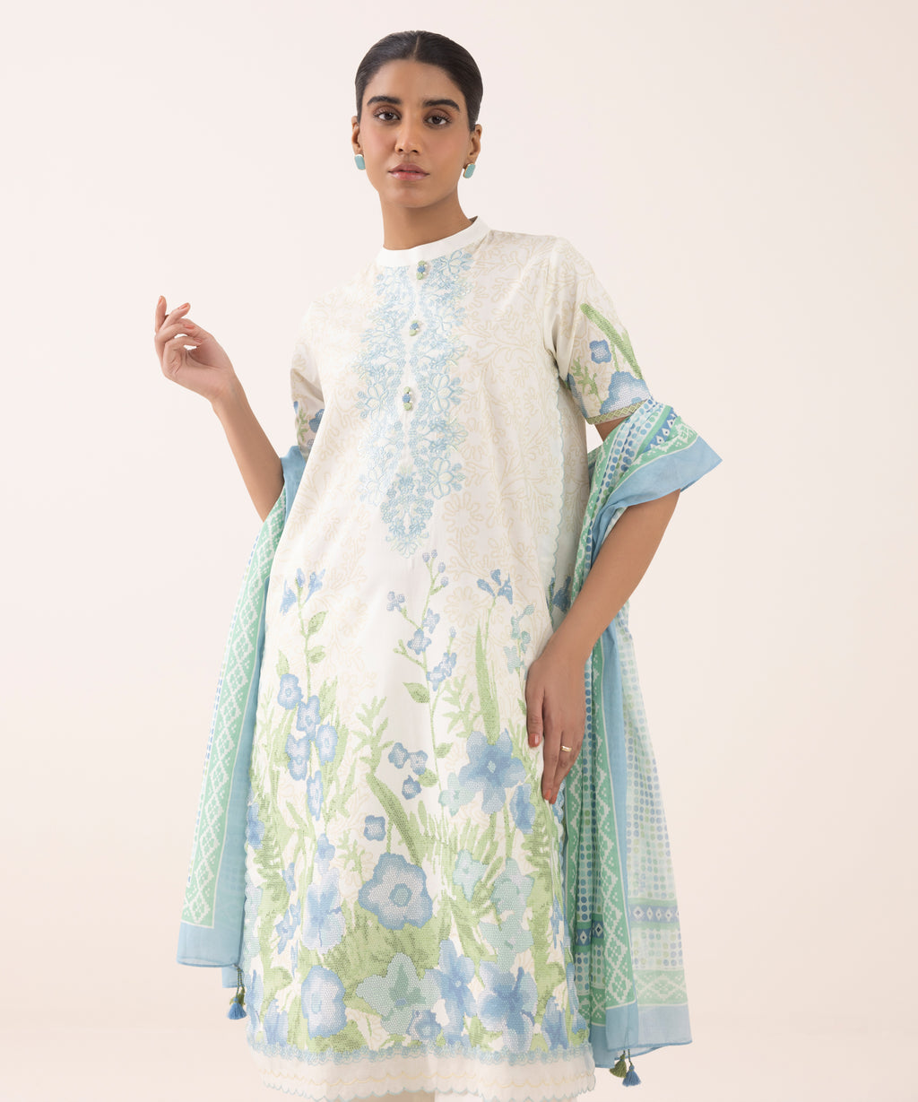 Women's Unstitched Lawn Embroidered Off White 3 Piece Suit