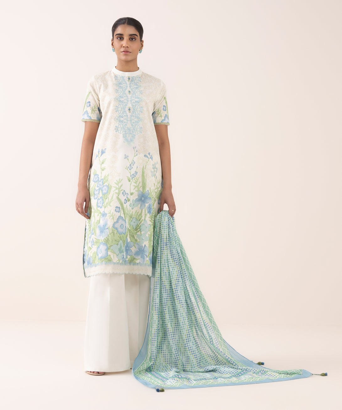 Women's Unstitched Lawn Embroidered Off White 3 Piece Suit