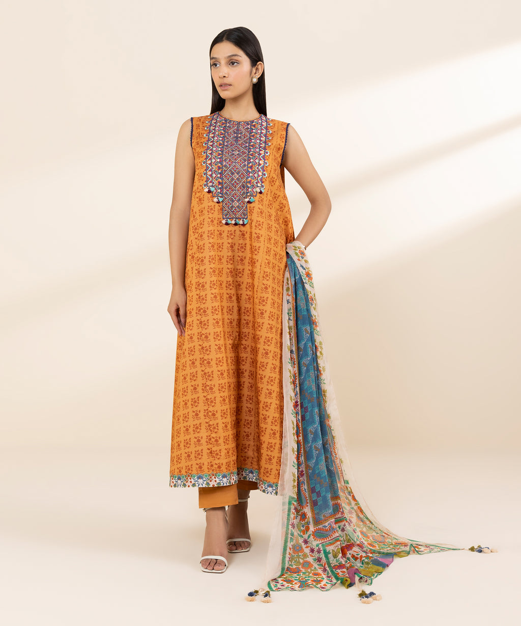 Women's Unstitched Lawn Embroidered Orange 3 Piece Suit