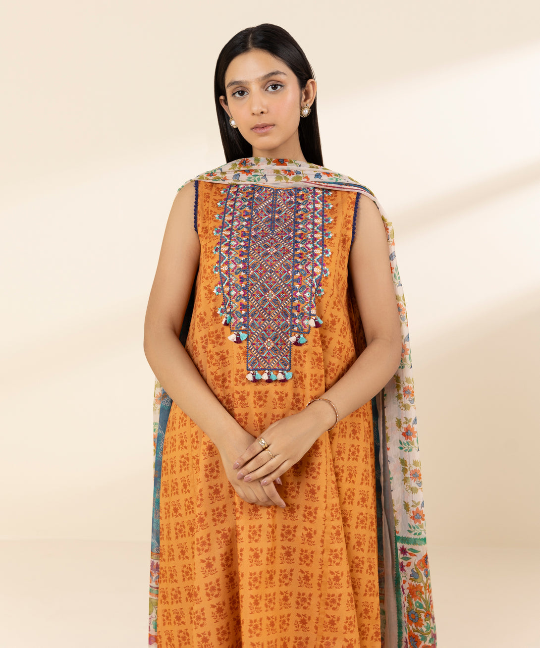 Women's Unstitched Lawn Embroidered Orange 3 Piece Suit