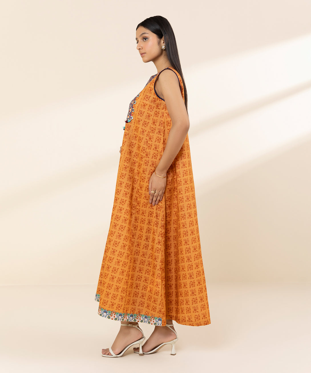 Women's Unstitched Lawn Embroidered Orange 3 Piece Suit