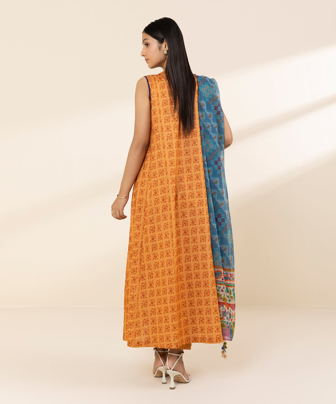 Women's Unstitched Lawn Embroidered Orange 3 Piece Suit