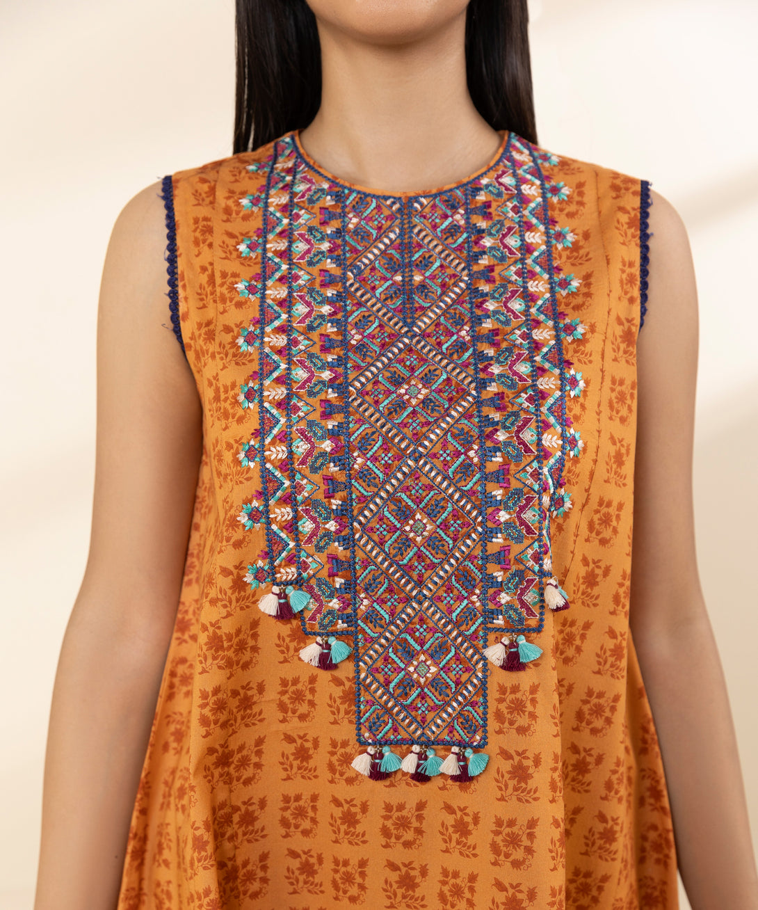 Women's Unstitched Lawn Embroidered Orange 3 Piece Suit