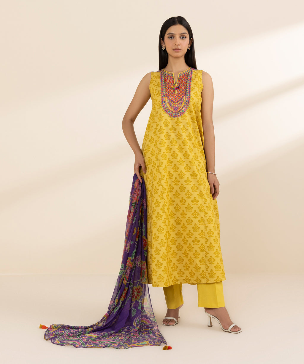 Women's Unstitched Lawn Embroidered Yellow 3 Piece Suit