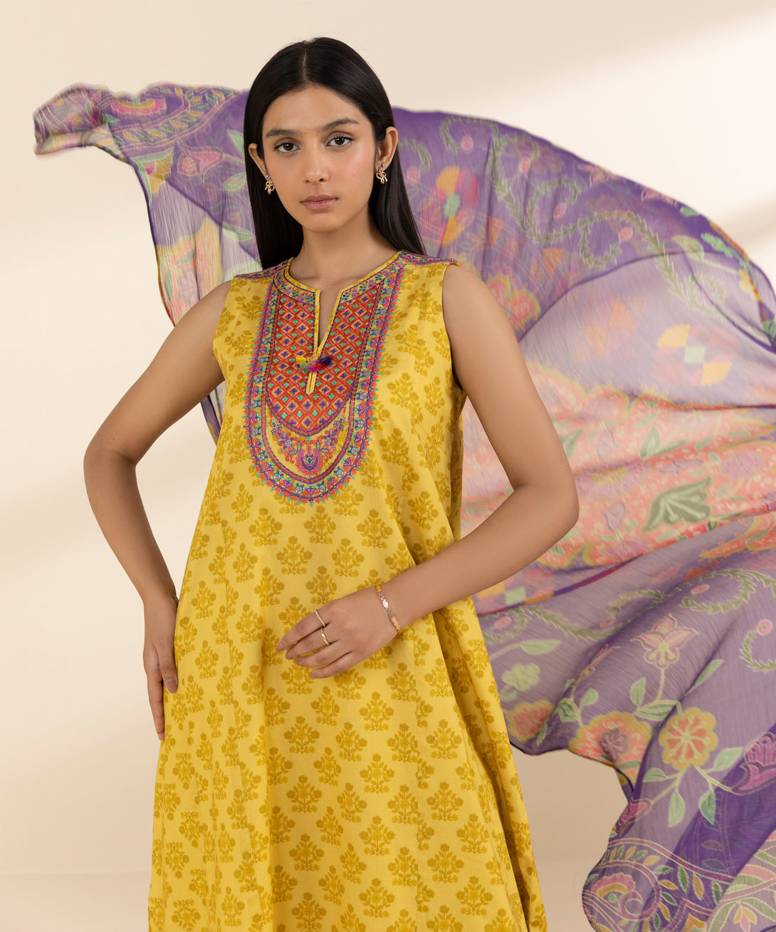 Women's Unstitched Lawn Embroidered Yellow 3 Piece Suit