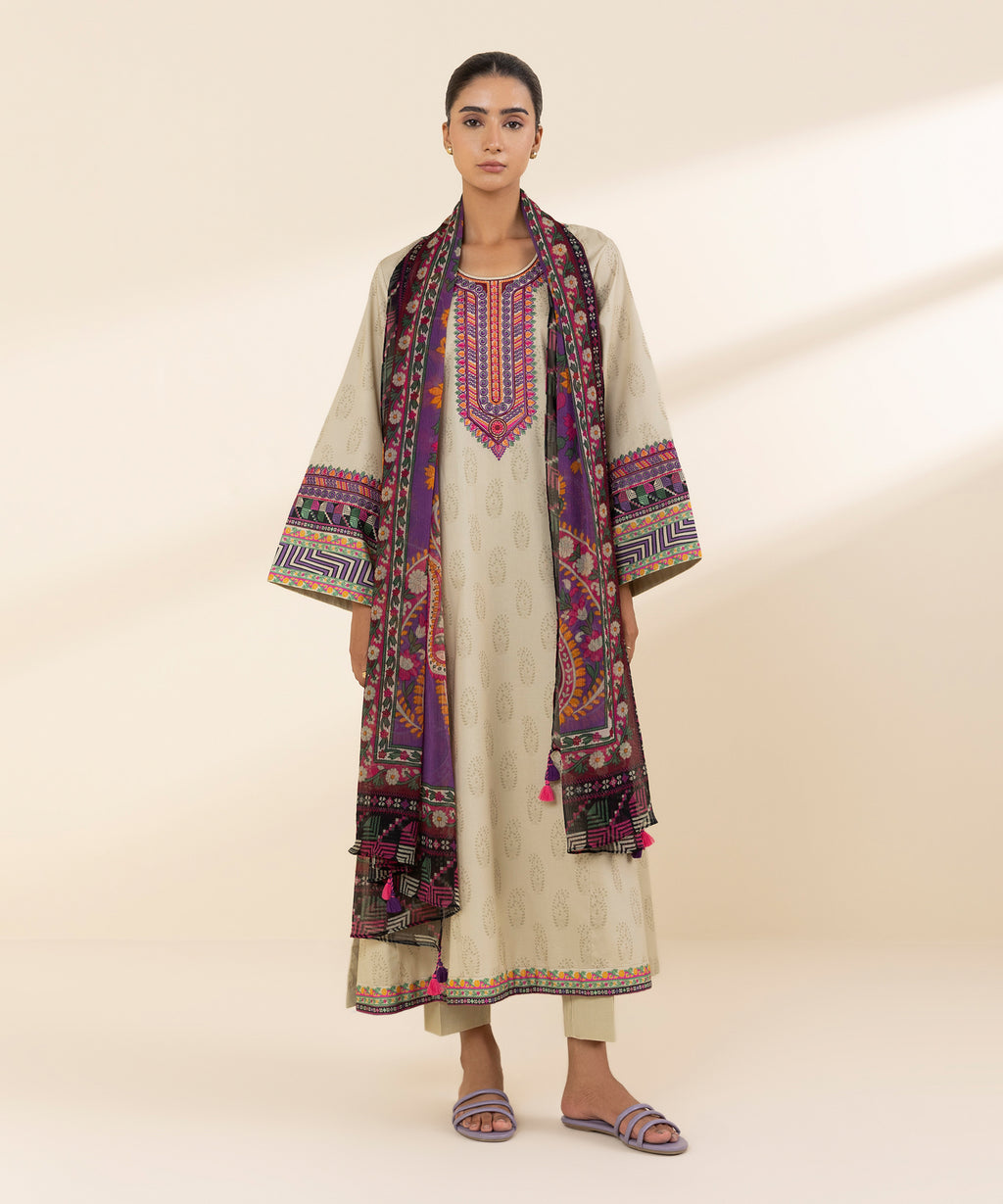 Women's Unstitched Lawn Embroidered Beige 3 Piece Suit