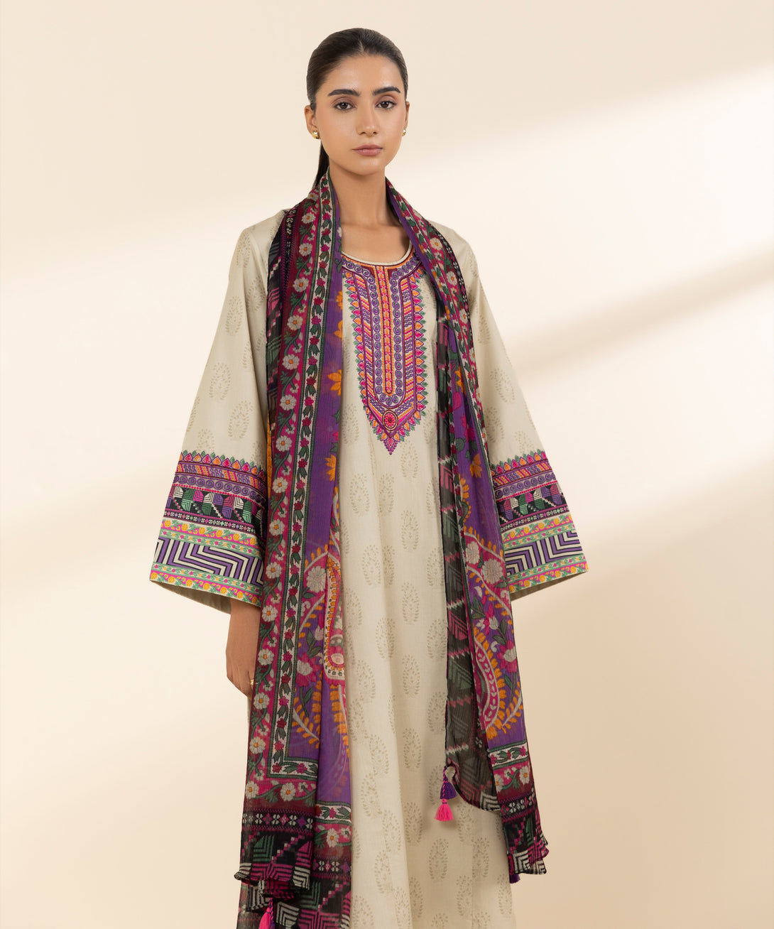Women's Unstitched Lawn Embroidered Beige 3 Piece Suit