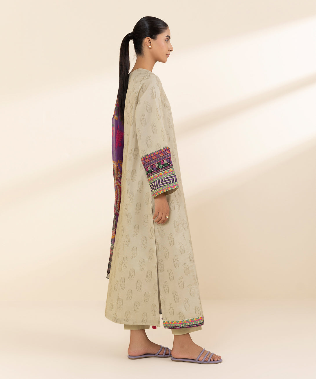 Women's Unstitched Lawn Embroidered Beige 3 Piece Suit
