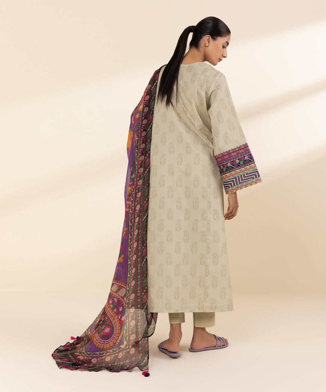 Women's Unstitched Lawn Embroidered Beige 3 Piece Suit