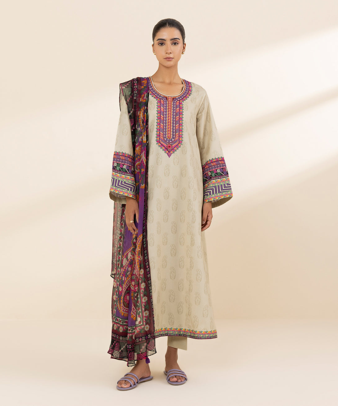 Women's Unstitched Lawn Embroidered Beige 3 Piece Suit