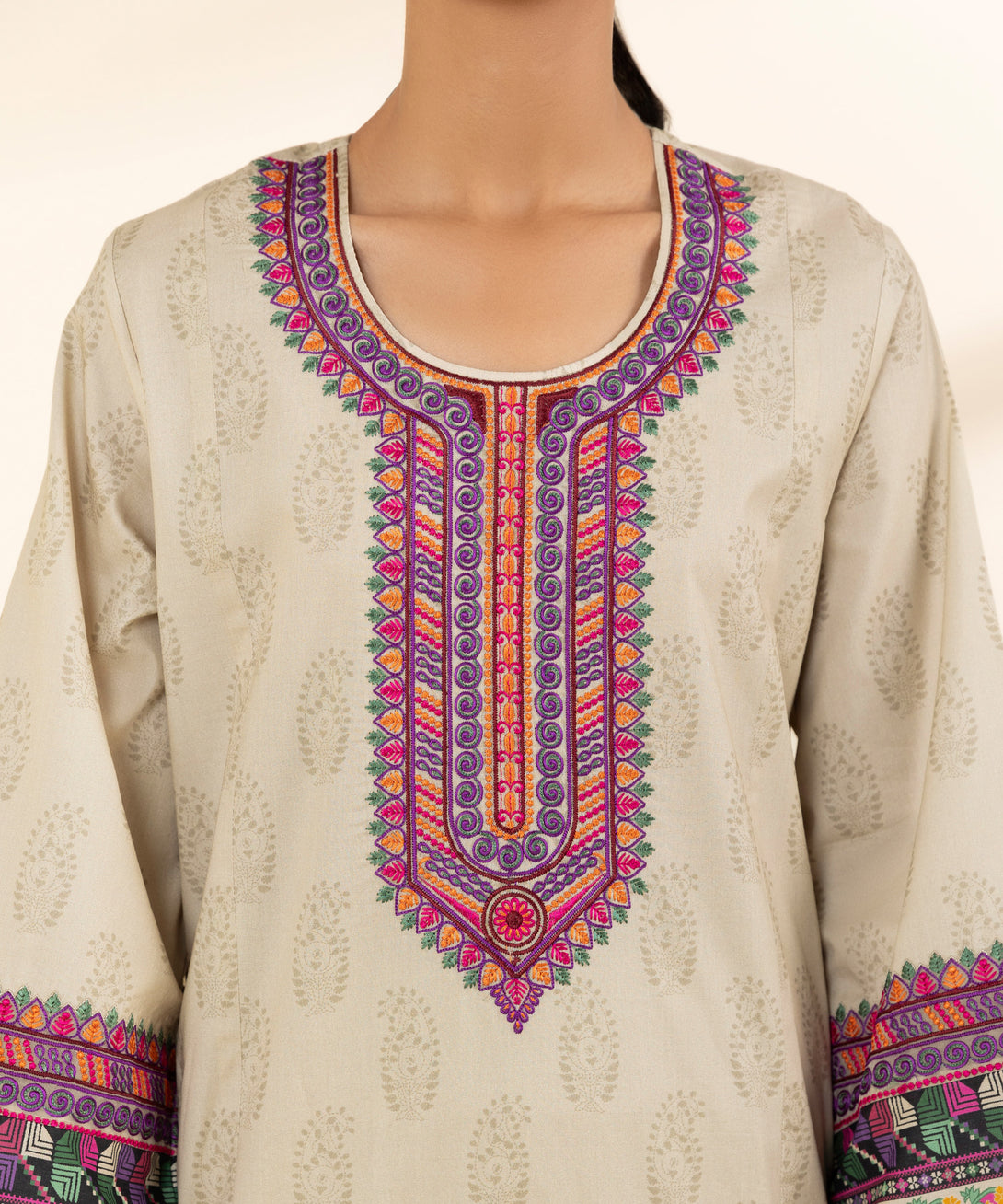 Women's Unstitched Lawn Embroidered Beige 3 Piece Suit