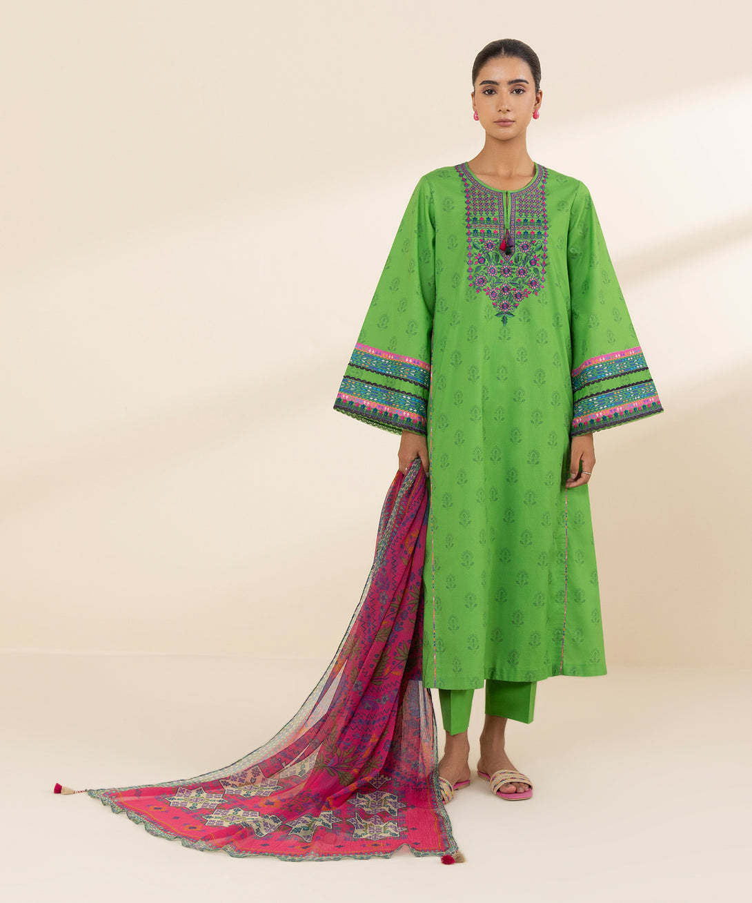 Women's Unstitched Lawn Embroidered Green 3 Piece Suit