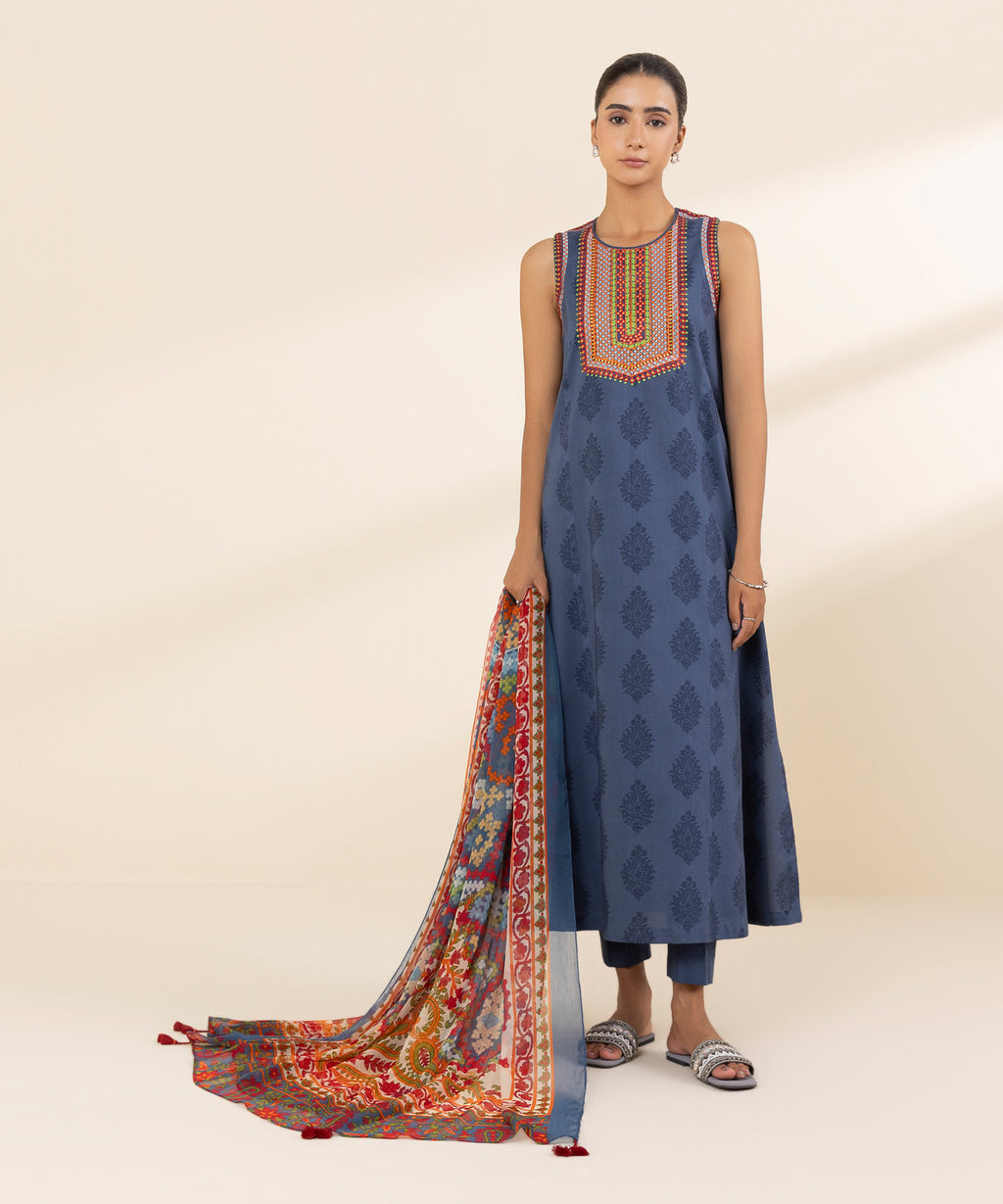 Women's Unstitched Lawn Embroidered Blue 3 Piece Suit