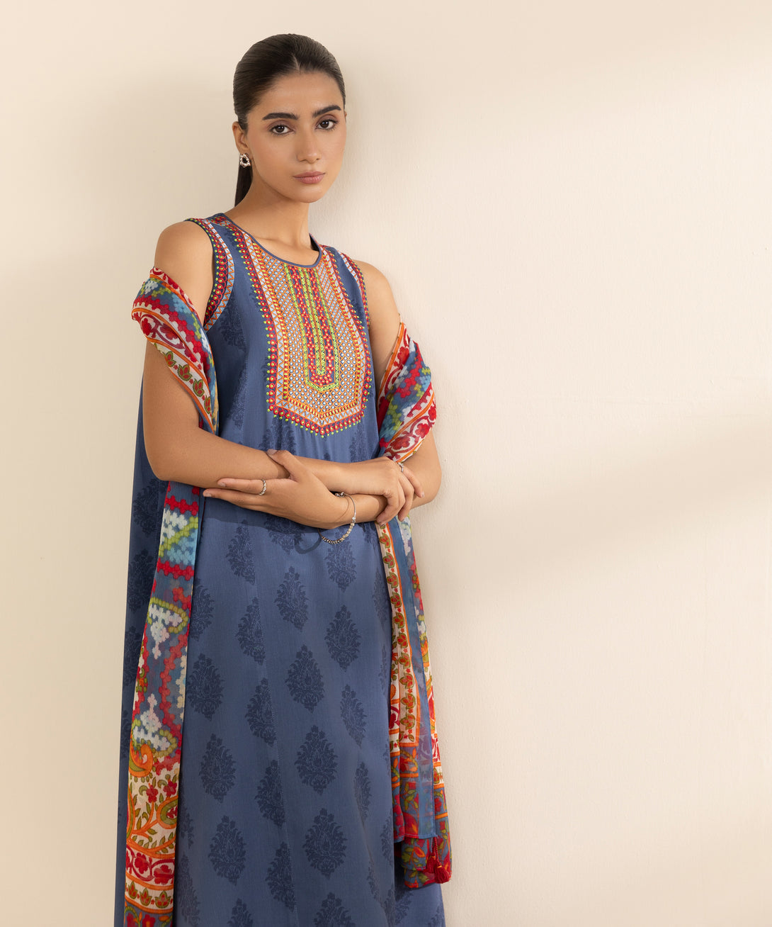 Women's Unstitched Lawn Embroidered Blue 3 Piece Suit