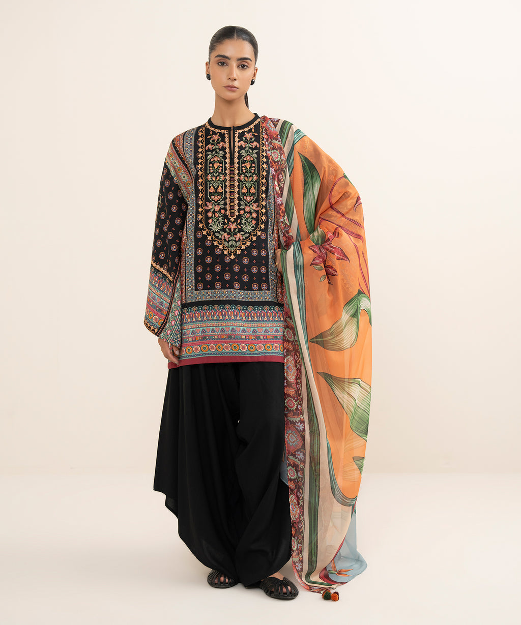 Women's Unstitched Arabic Lawn Embroidered Multi 3 Piece Suit