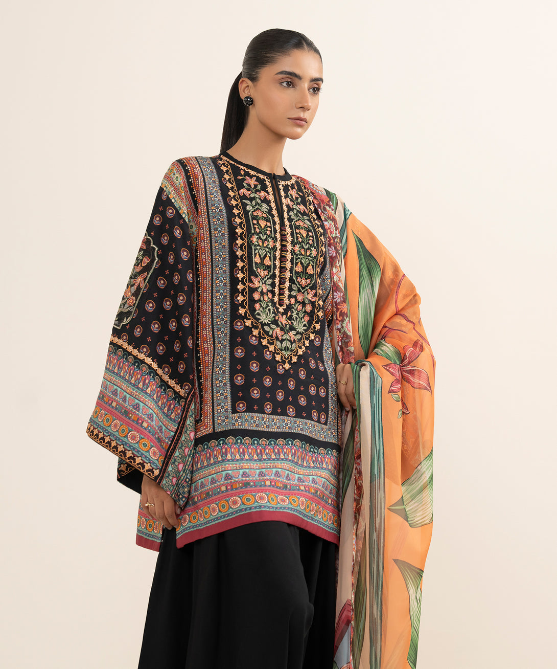 Women's Unstitched Arabic Lawn Embroidered Multi 3 Piece Suit