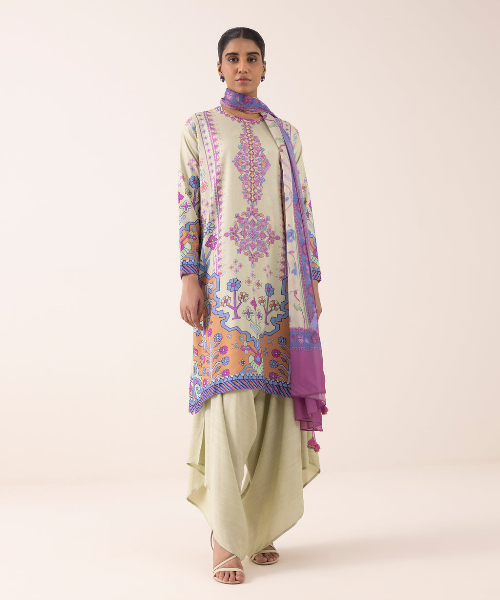 Women's Unstitched Arabic Lawn Embroidered Multi 3 Piece Suit
