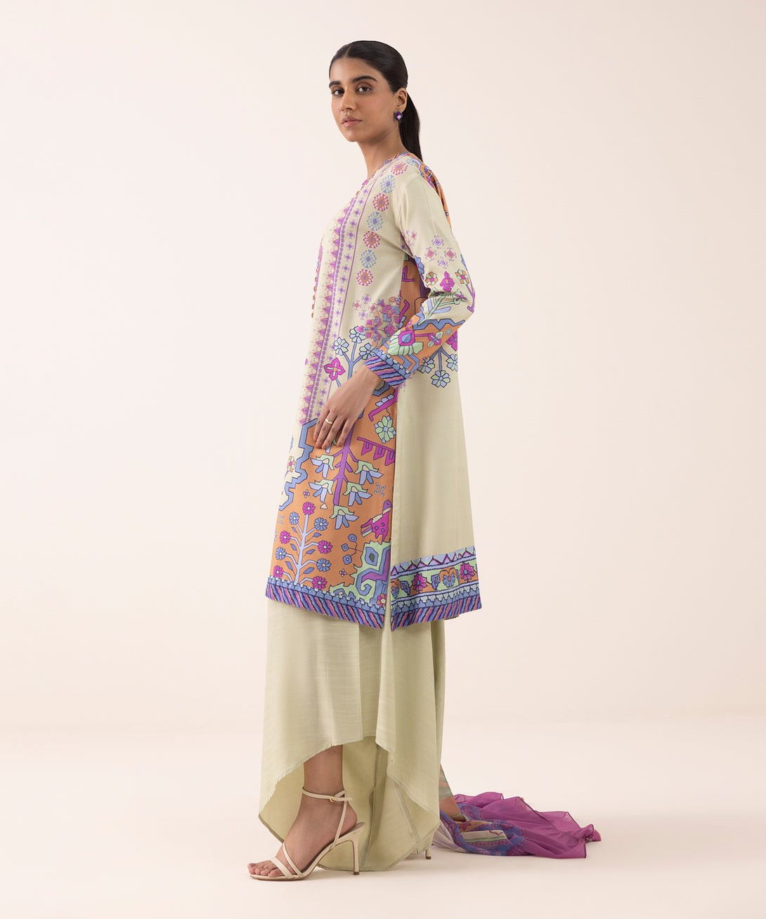 Women's Unstitched Arabic Lawn Embroidered Multi 3 Piece Suit