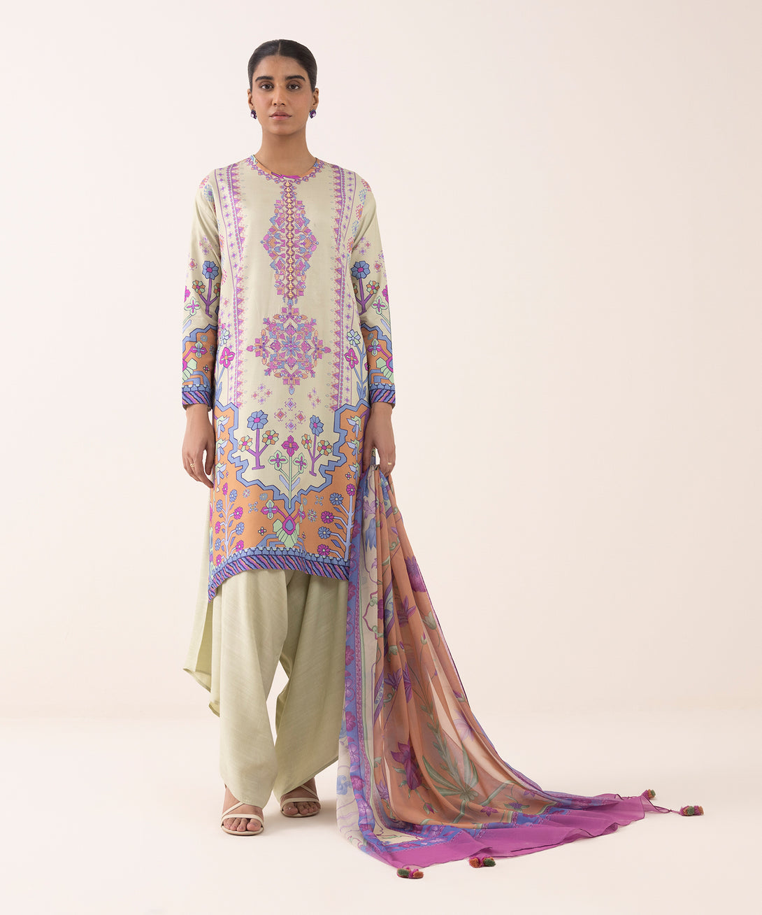 Women's Unstitched Arabic Lawn Embroidered Multi 3 Piece Suit