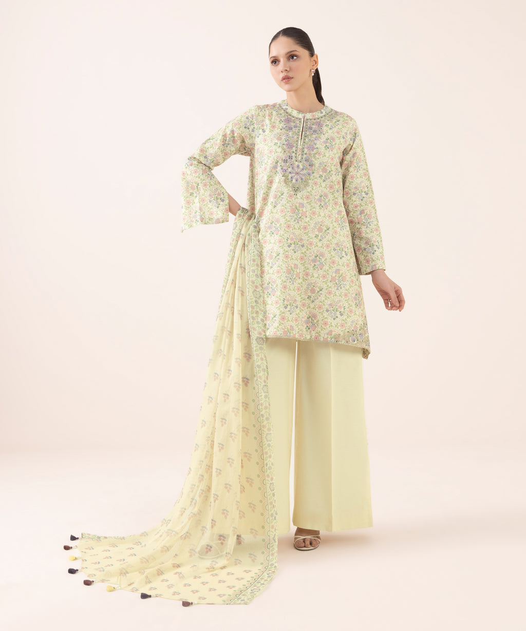 Women's Unstitched Cotton Embroidered Multi Three Piece Suit