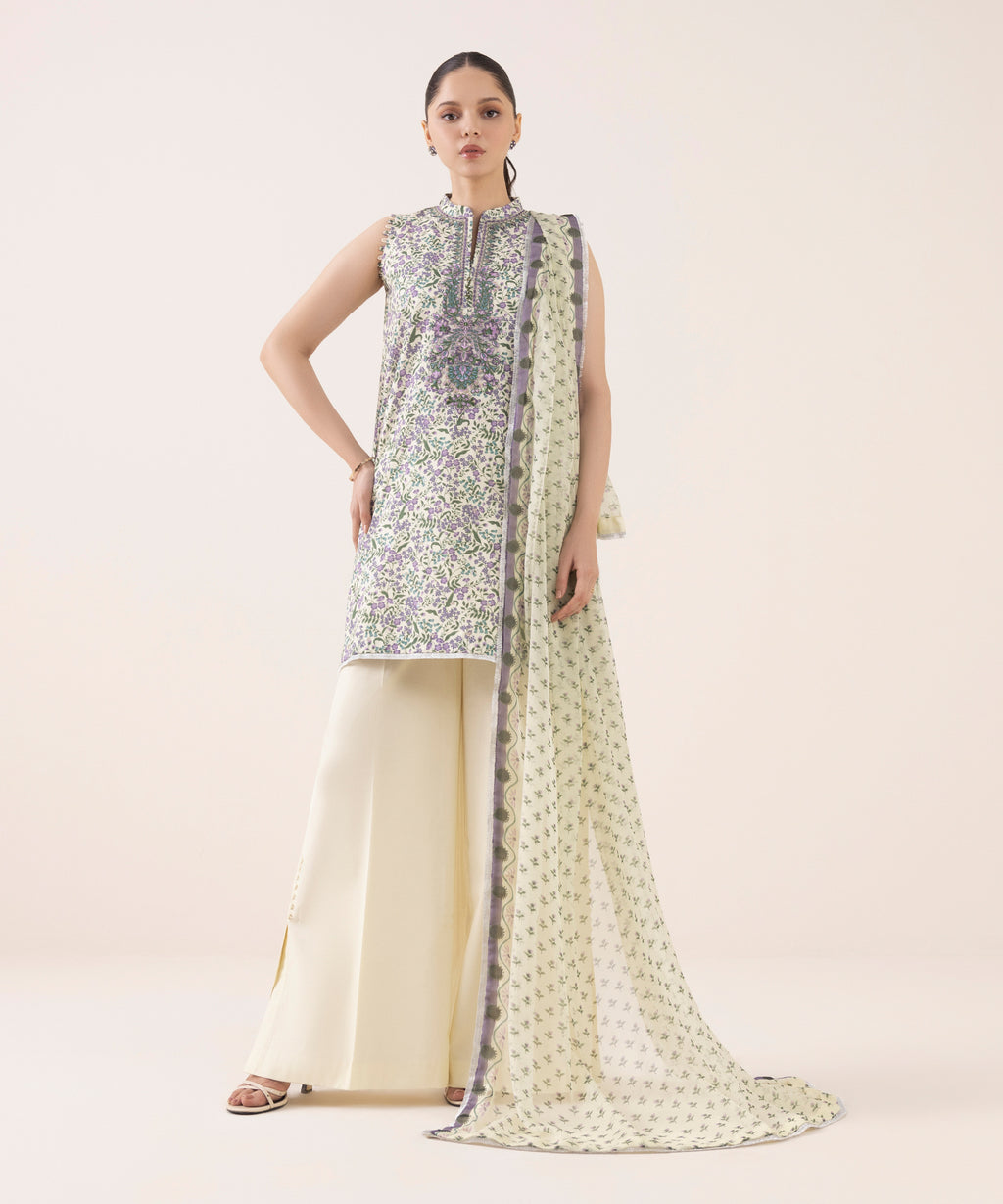 Women's Unstitched Cotton Embroidered Multi Three Piece Suit