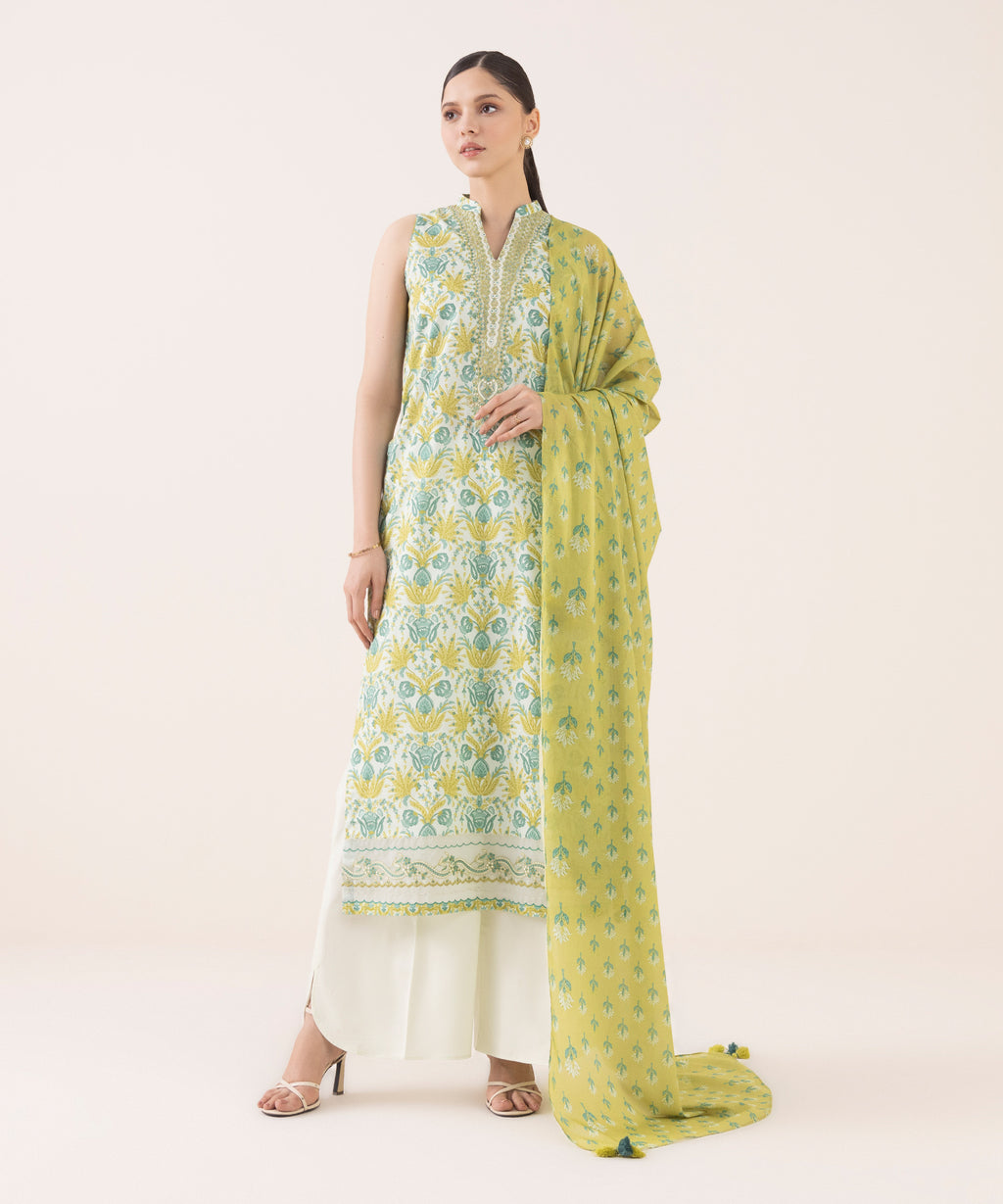 Women's Unstitched Cotton Embroidered Multi Three Piece Suit