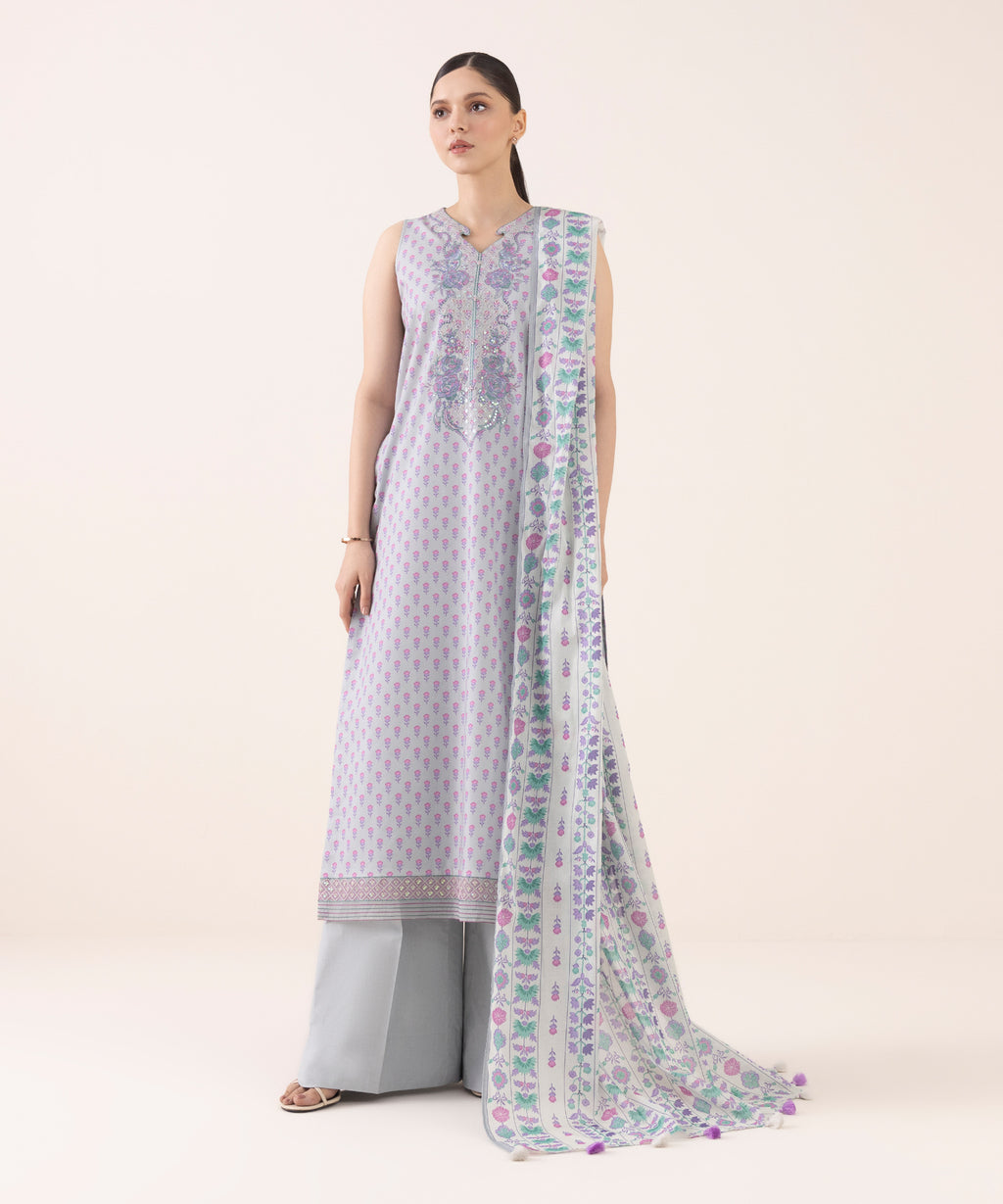 Women's Unstitched Cotton Embroidered Grey Three Piece Suit
