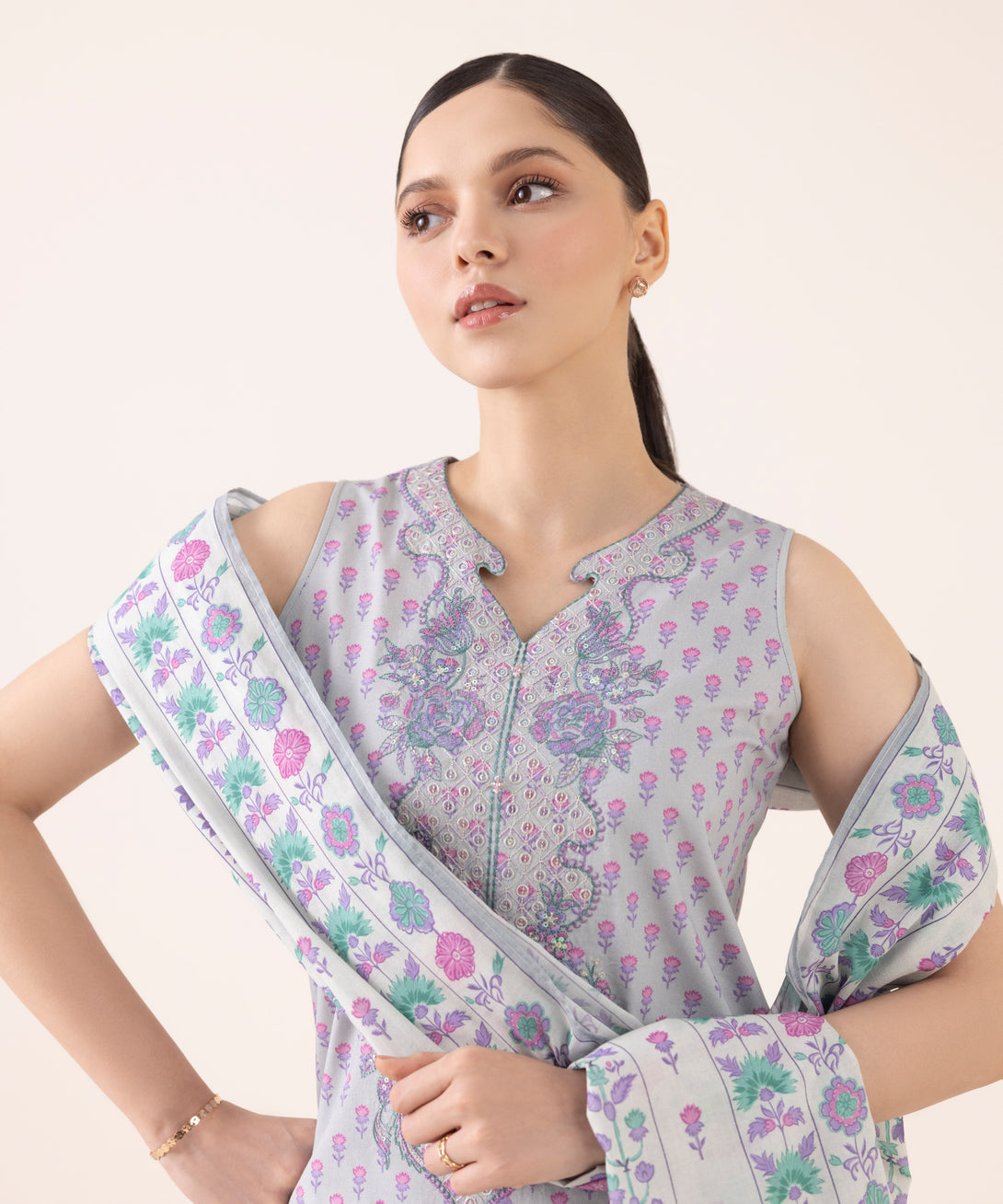 Women's Unstitched Cotton Embroidered Grey Three Piece Suit