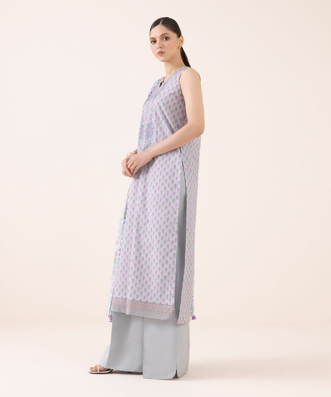 Women's Unstitched Cotton Embroidered Grey Three Piece Suit