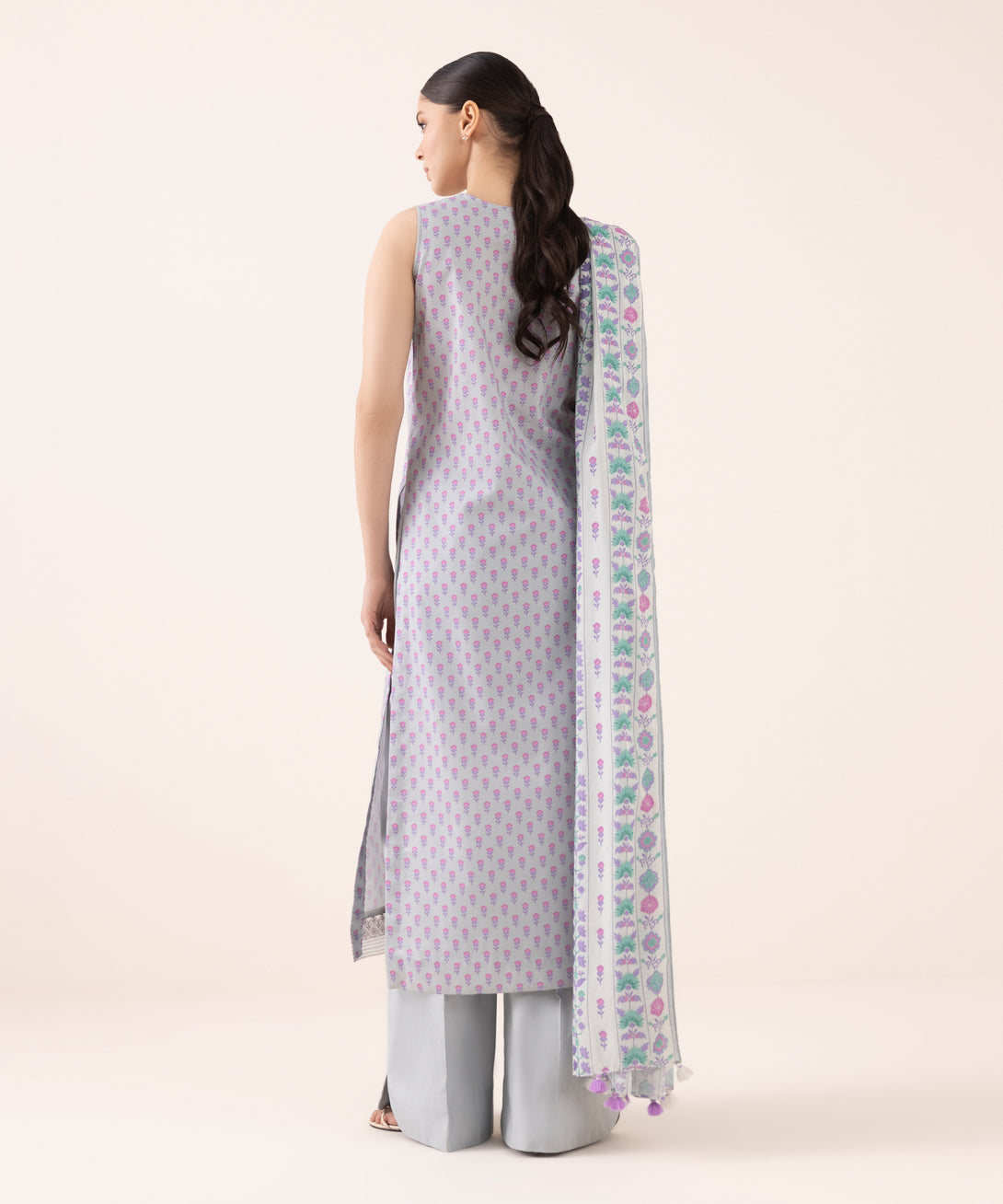 Women's Unstitched Cotton Embroidered Grey Three Piece Suit