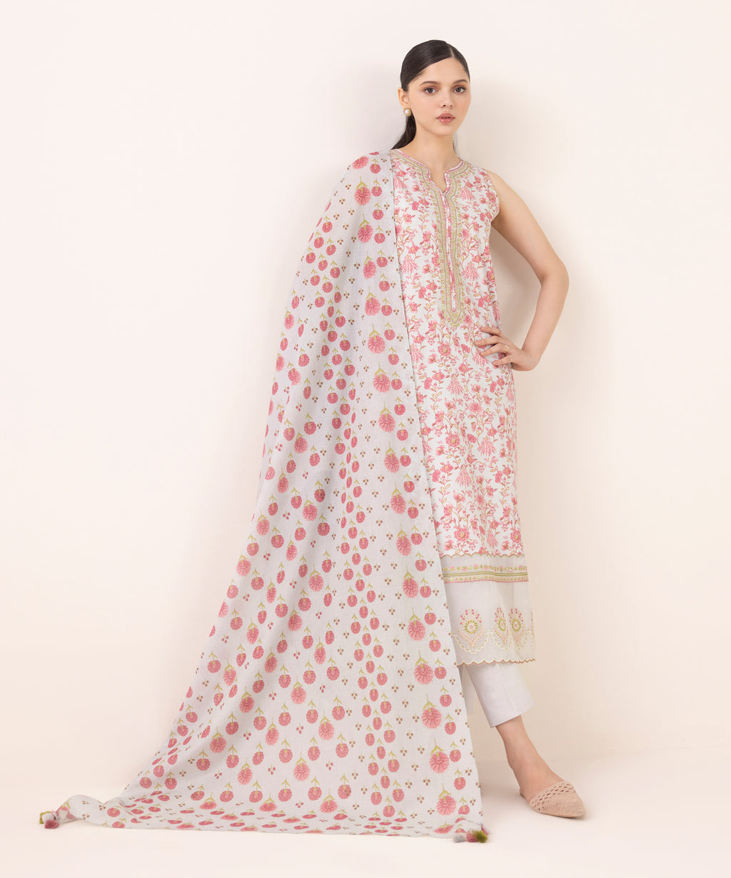 Women's Unstitched Cotton Embroidered Multi Three Piece Suit
