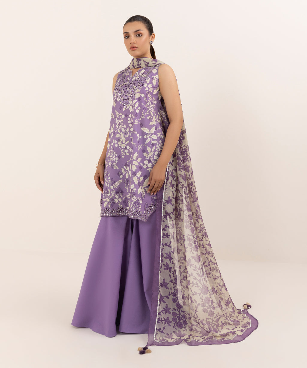 Women's Unstitched Lawn Embroidered Purple Three Piece Suit