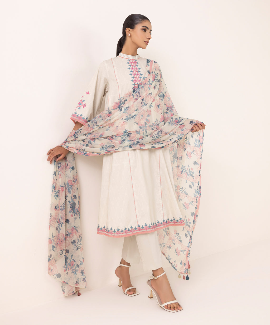 Women's Unstitched Cotton Embroidered Beige Three Piece Suit