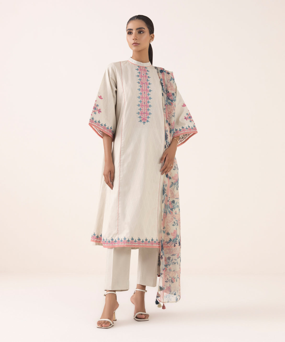 Women's Unstitched Cotton Embroidered Beige Three Piece Suit