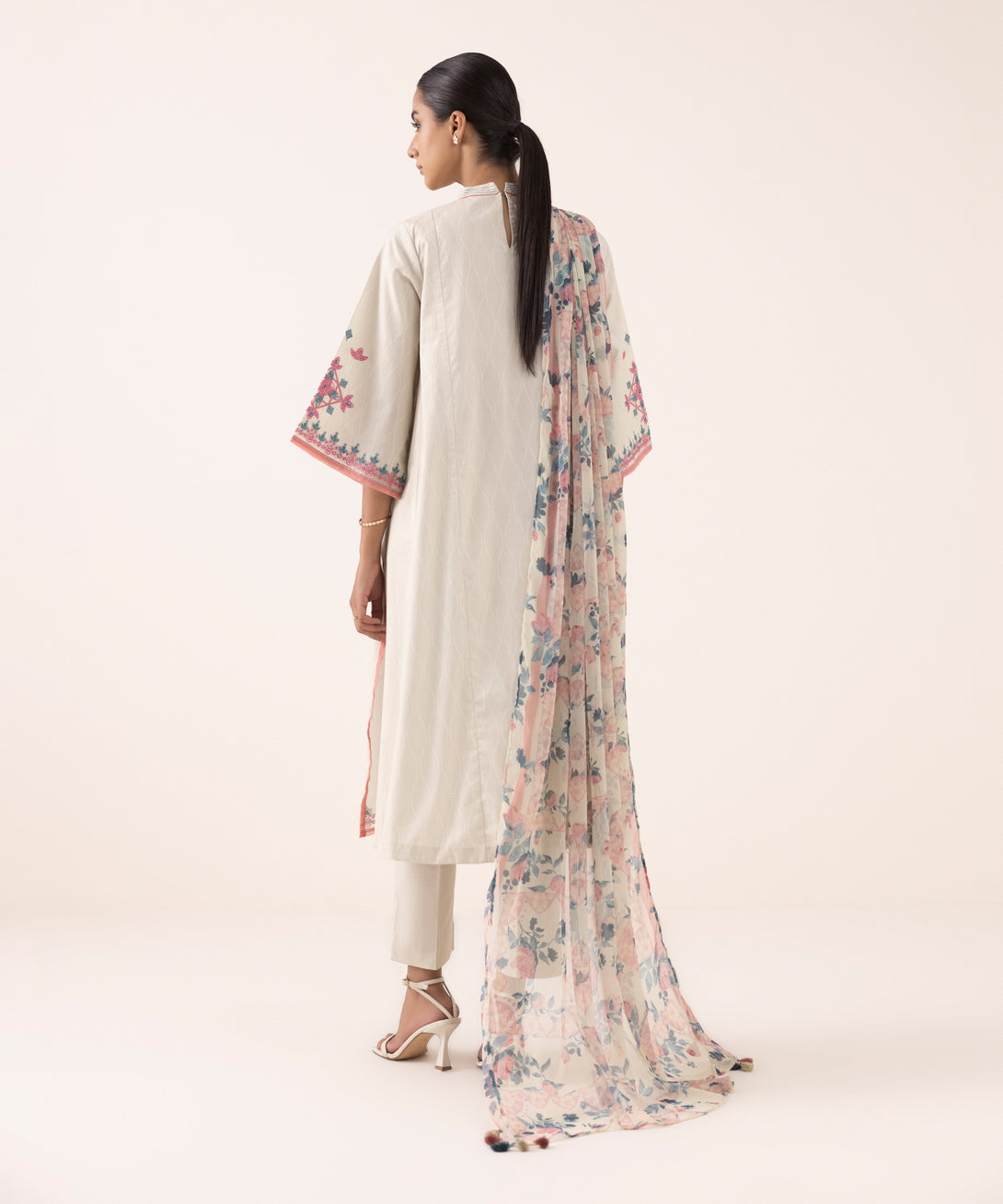 Women's Unstitched Cotton Embroidered Beige Three Piece Suit