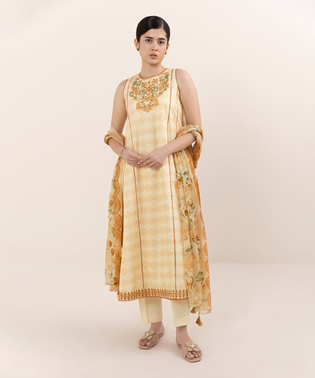 Women's Unstitched Cotton Embroidered Pink Three Piece Suit
