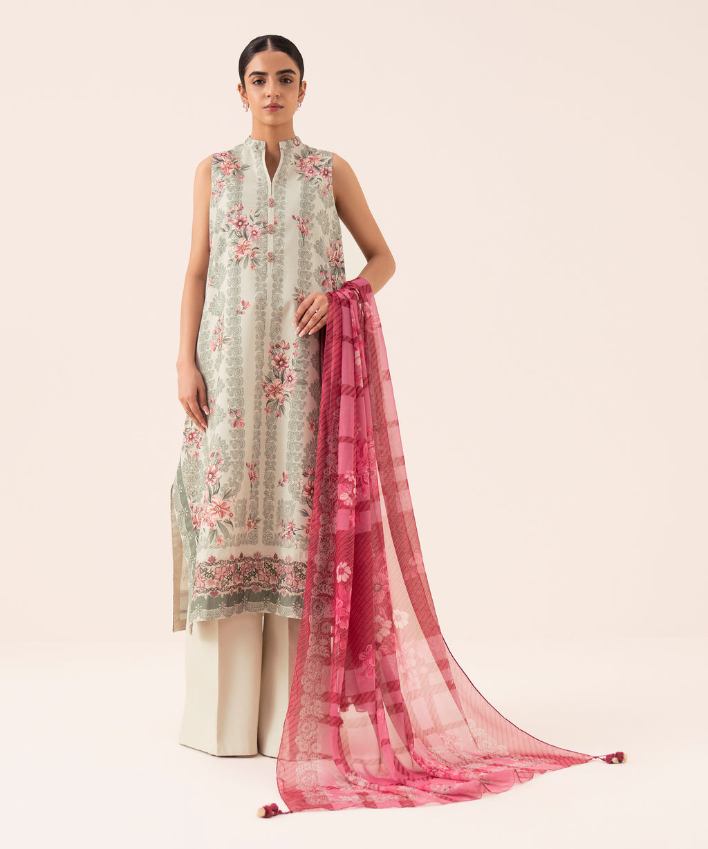 Women's Unstitched Cotton Viscose Embroidered Beige 3 Piece Suit
