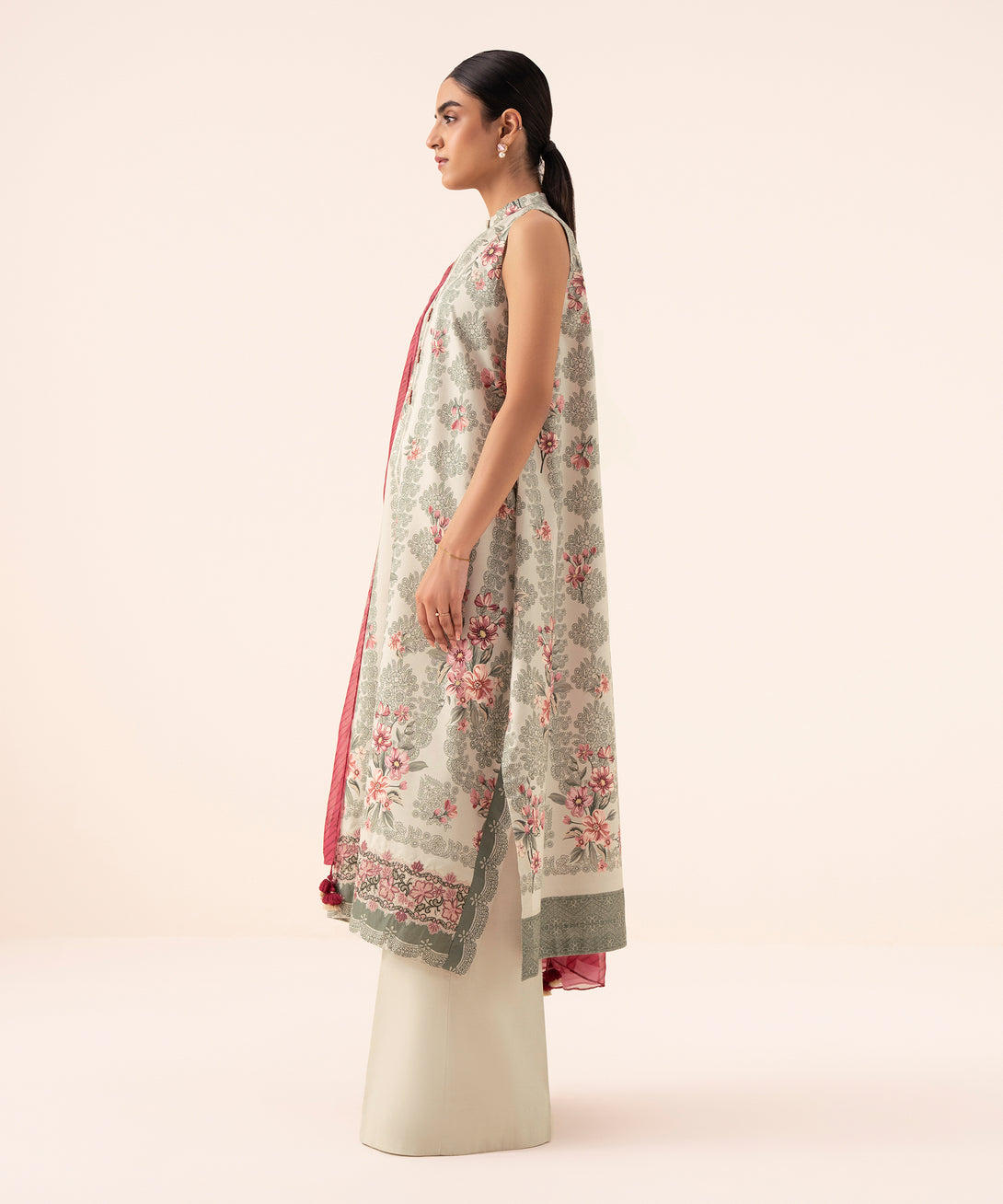 Women's Unstitched Cotton Viscose Embroidered Beige 3 Piece Suit