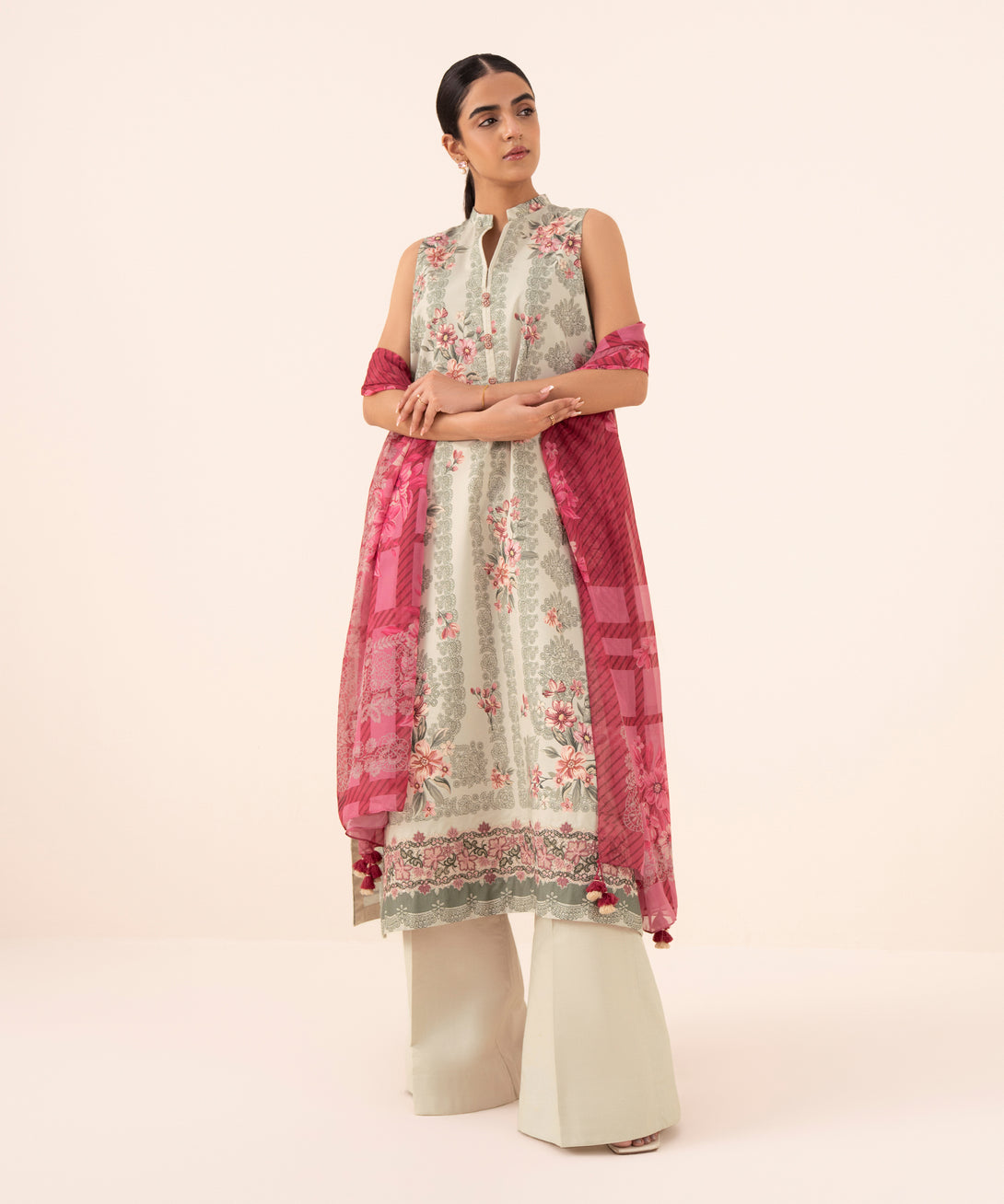Women's Unstitched Cotton Viscose Embroidered Beige 3 Piece Suit