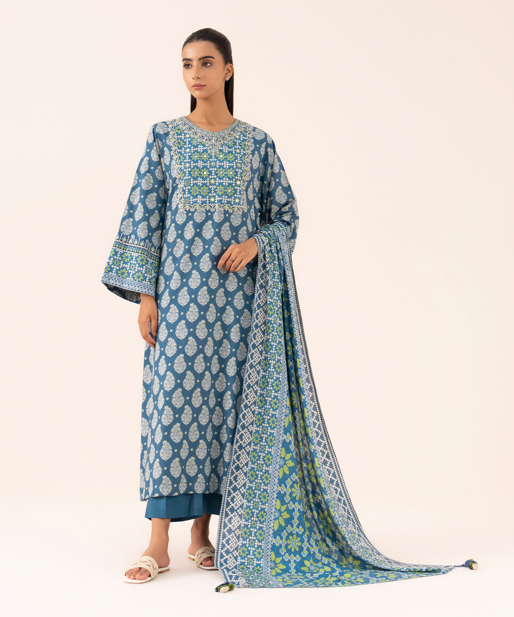 Women's Unstitched Linen Embroidered Blue 3 Piece Suit