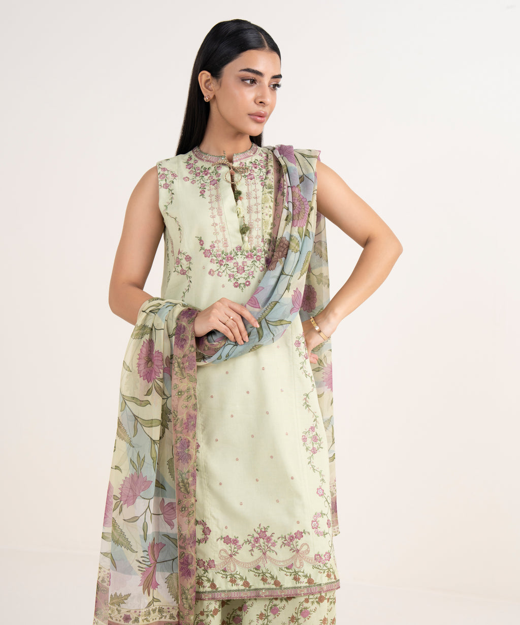 Women's Unstitched Cotton Viscose Embroidered Green 3 Piece Suit