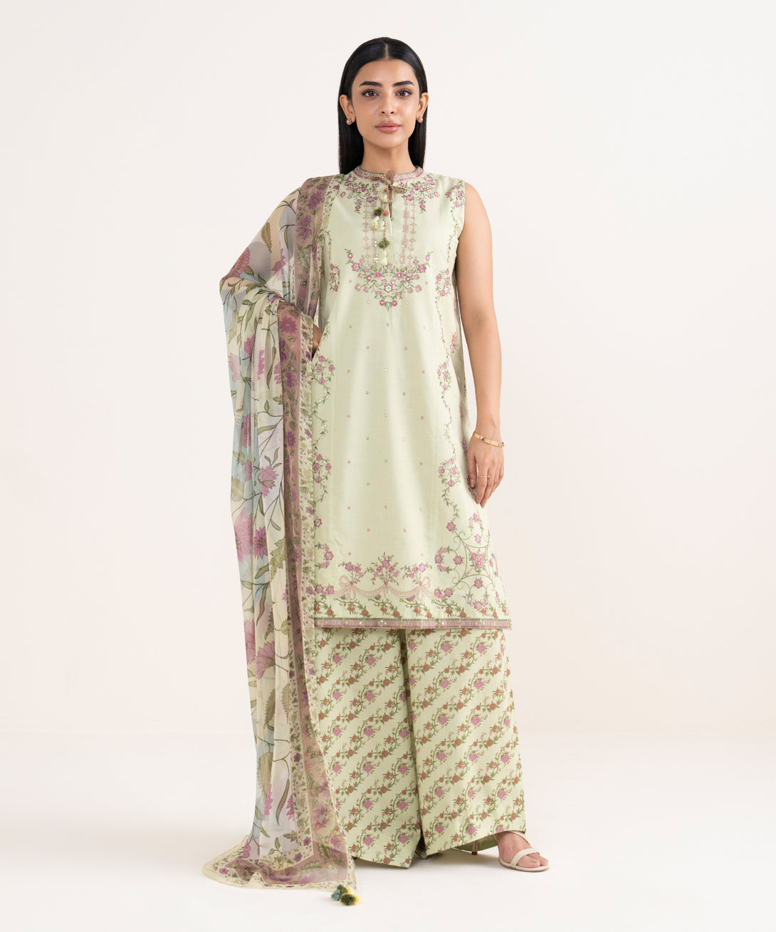 Women's Unstitched Cotton Viscose Embroidered Green 3 Piece Suit