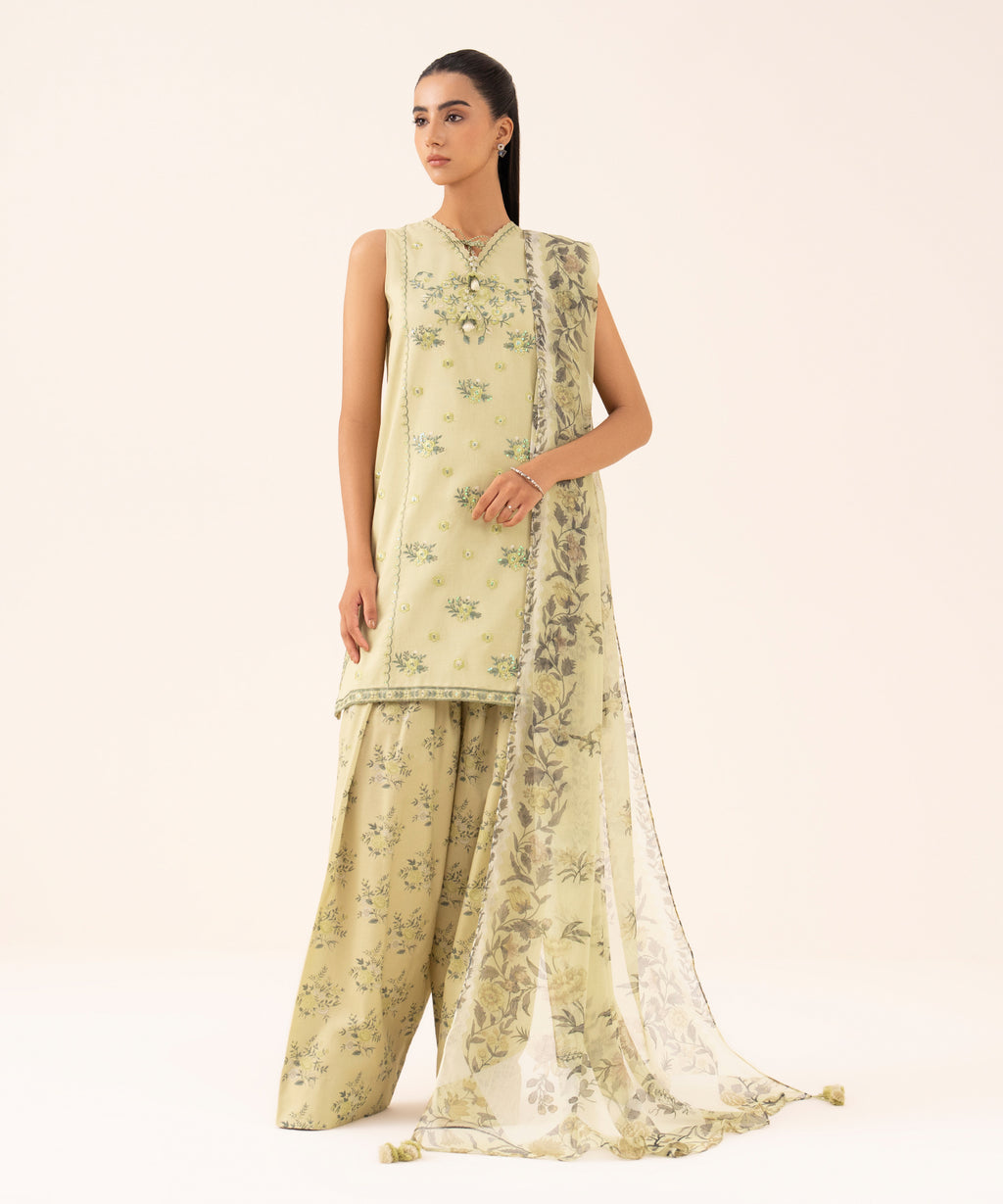 Women's Unstitched Cotton Viscose Embroidered Green 3 Piece Suit