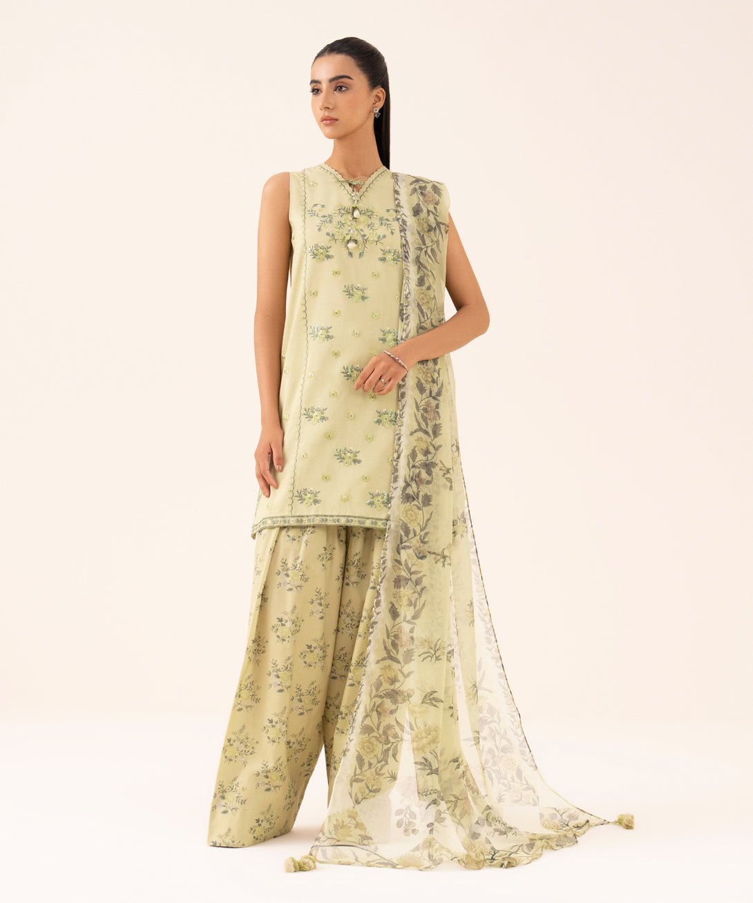 Women's Unstitched Cotton Viscose Embroidered Green 3 Piece Suit